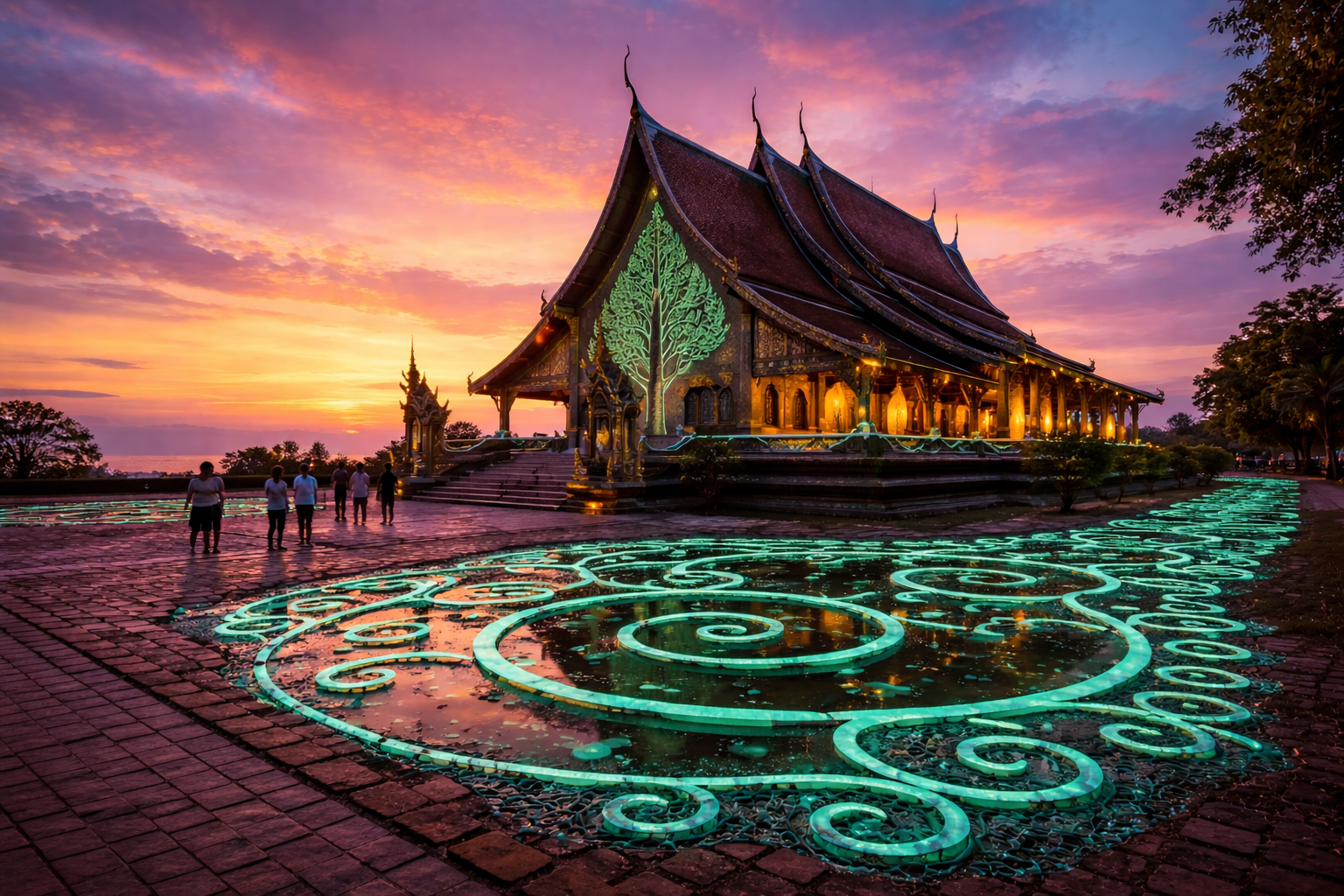 Bioluminescent Tree of Life at Wat Sirindhorn Wararam Glowing Temple in Ubon Ratchathani, Thailand at night.