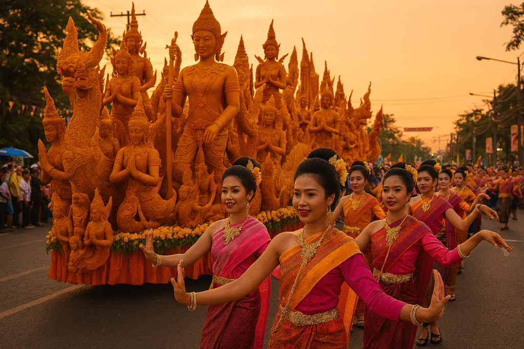 Ubon Candle Festival parade with large wax sculptures