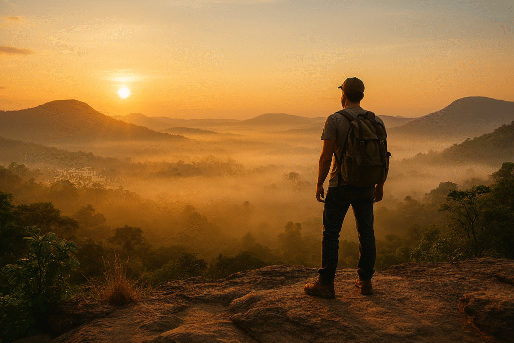 Traveler viewpoint overlooking Ubon mountains at sunrise