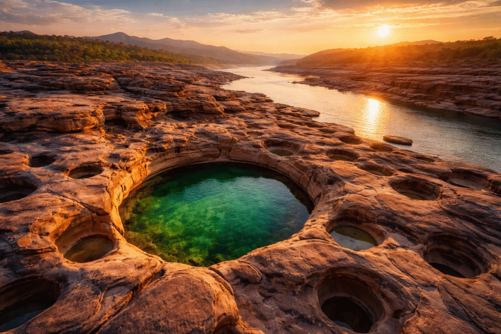 Aerial view of Sam Phan Bok, the "Grand Canyon of Thailand" in Ubon Ratchathani, featuring circular sandstone basins filled with emerald water at sunset.