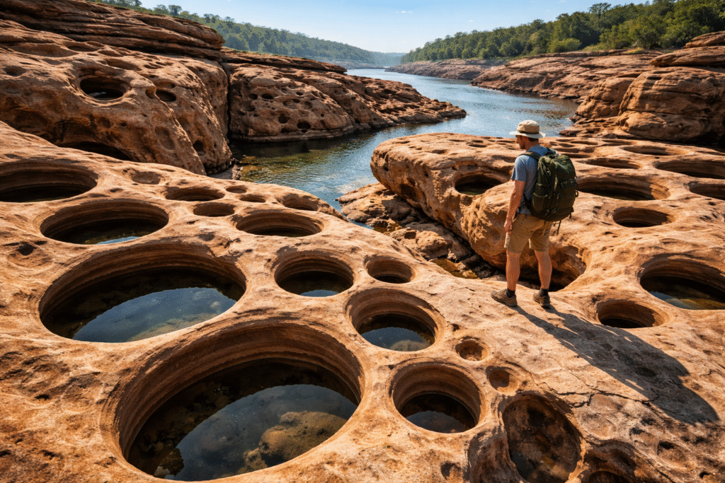 Close-up of intricate sandstone rock holes at Sam Phan Bok with a traveler walking across the textured formations in bright daylight