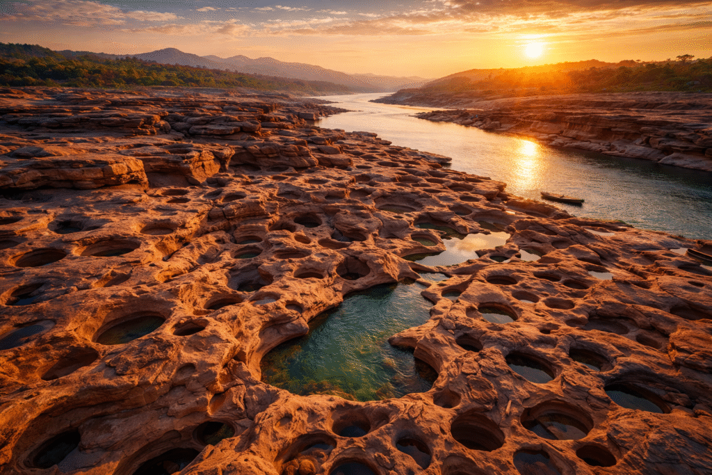 Aerial view of Sam Phan Bok rock formations and natural pools along the Mekong River in Ubon Ratchathani at sunset.