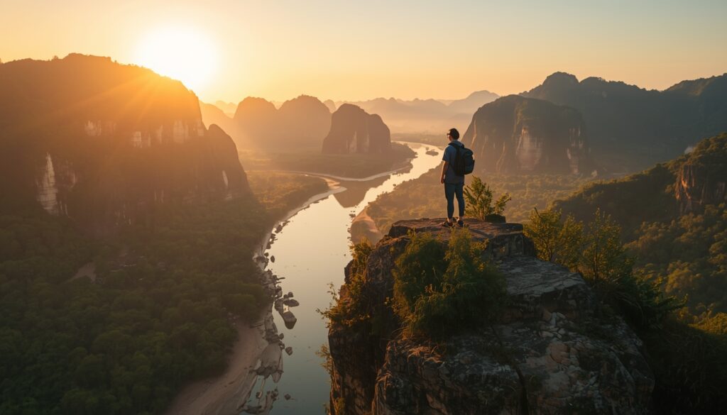 Ubon Ratchathani Mekong River sunrise viewpoint with travel vlogger overlooking dramatic cliffs and lush landscape in Thailand